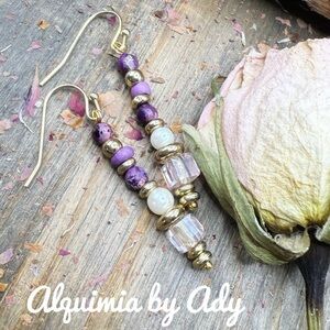 Gold purple turquoise dangle earrings